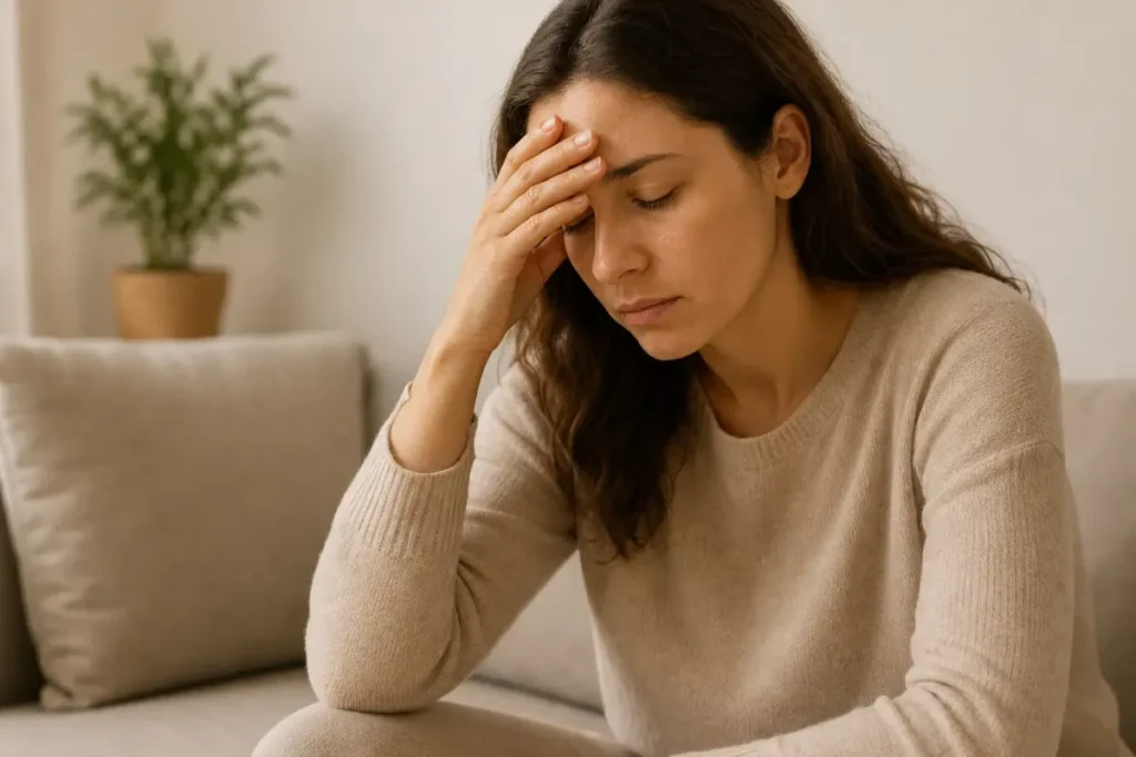 Femme fatiguée se tenant la tête, illustrant les signes de stress, troubles du sommeil et fatigue chronique