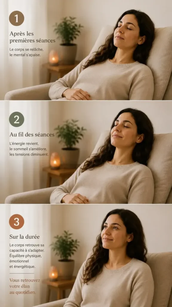 Illustration en trois étapes montrant une personne retrouvant progressivement détente, vitalité et équilibre au fil des séances de shiatsu.
