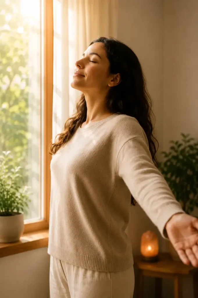 Femme respirant profondément près d'une fenêtre baignée de lumière, illustrant le calme, la vitalité retrouvée et l'équilibre après des séances de shiatsu.
