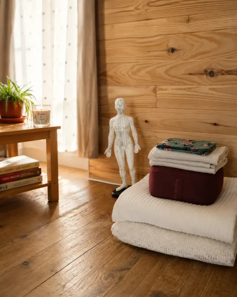 Coin du cabinet de shiatsu avec futon, coussins, linge de séance, modèle des méridiens et ambiance chaleureuse, préparé pour accueillir une séance.