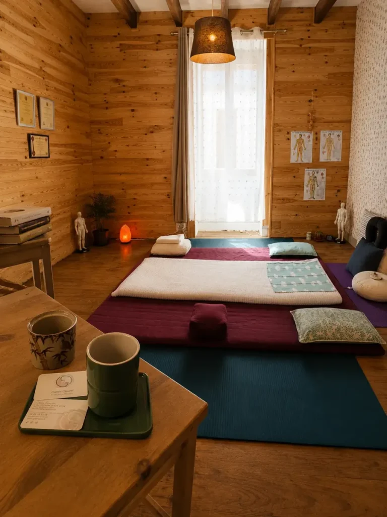 Salle de shiatsu avec futon, coussins, lumière naturelle et ambiance chaleureuse, préparée pour accueillir une séance de shiatsu.