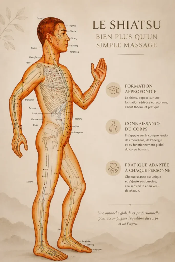 Illustration anatomique des méridiens et des points énergétiques du corps humain expliquant que le shiatsu repose sur une formation approfondie, une connaissance du corps et une pratique adaptée à chaque personne.n