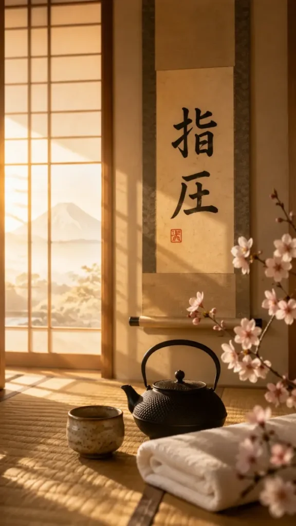 Ambiance japonaise traditionnelle évoquant les origines du shiatsu avec shōji, tatami, calligraphie japonaise et branche de cerisier.