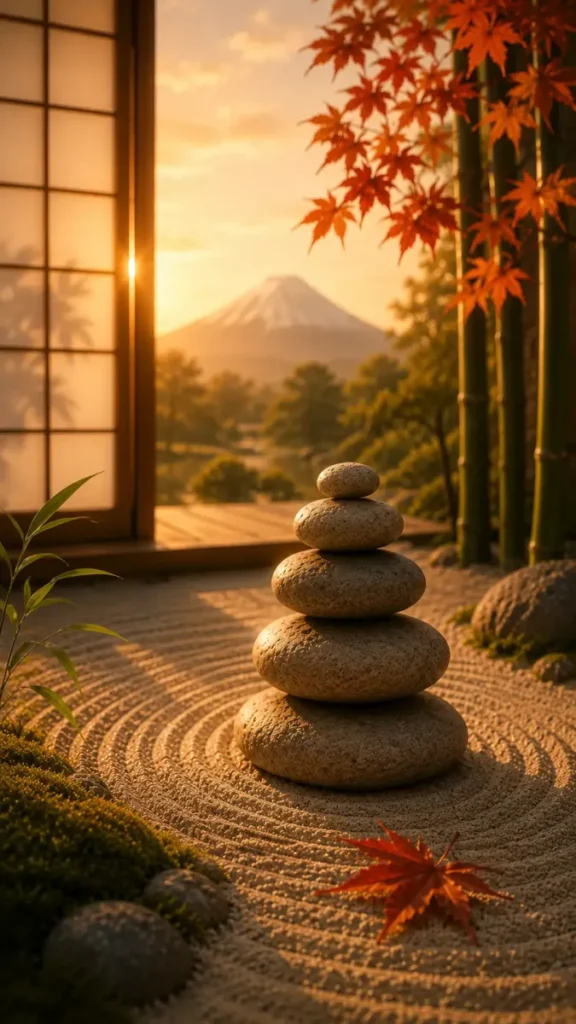 Empilement harmonieux de galets dans un jardin japonais baigné d'une lumière douce, symbole d'un équilibre durable.
