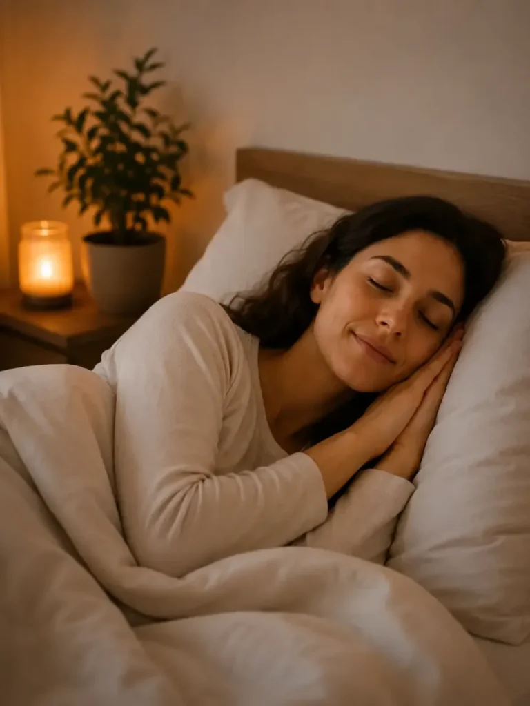Femme dormant paisiblement dans une chambre lumineuse après une séance de shiatsu, illustrant un sommeil plus réparateur et une récupération naturelle.
