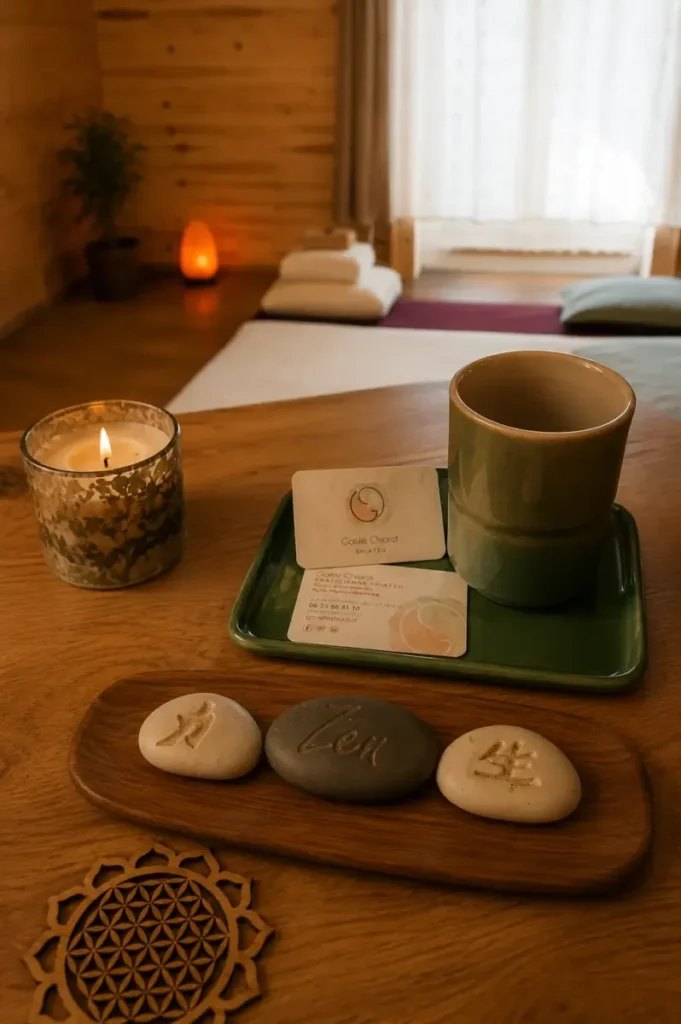 Tasse de thé, bougie, symbole Fleur de Vie et pierres zen dans le cabinet de shiatsu, illustrant le temps calme qui suit une séance.n