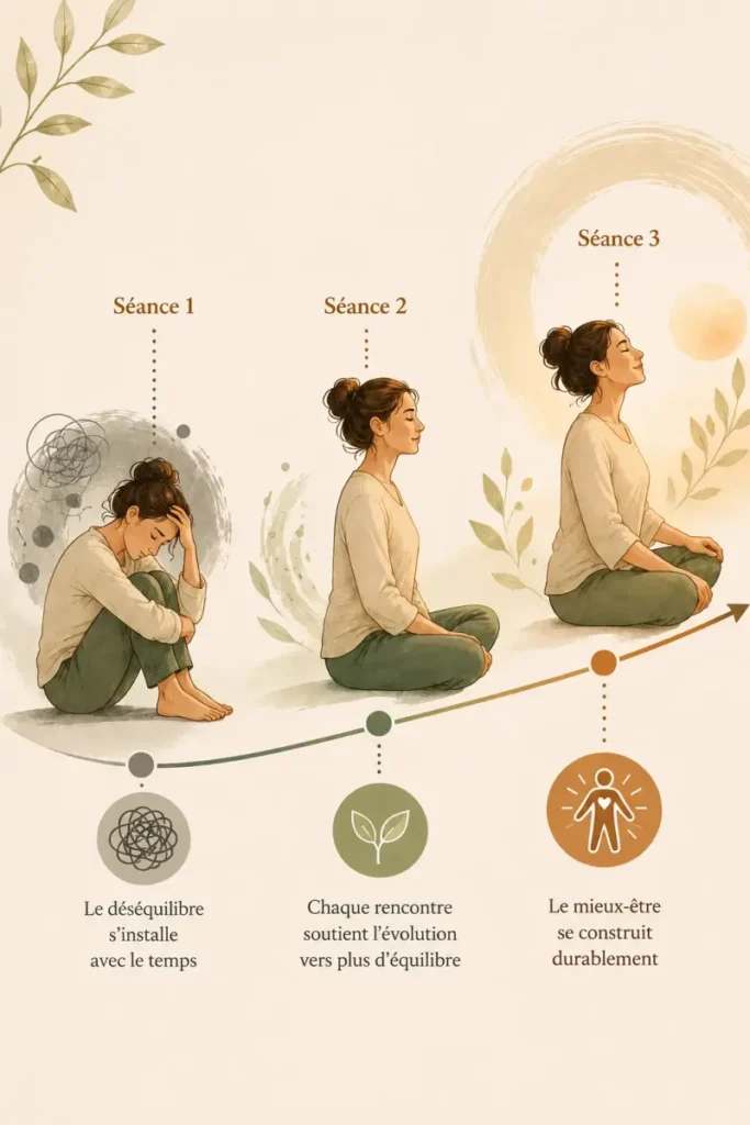Infographie illustrant l'évolution progressive vers un meilleur équilibre au fil de plusieurs séances de shiatsu.