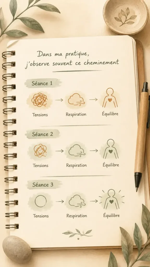 Infographie représentant un carnet d'observation illustrant le suivi d'un cycle de trois séances de shiatsu et l'évolution progressive vers un meilleur équilibre.