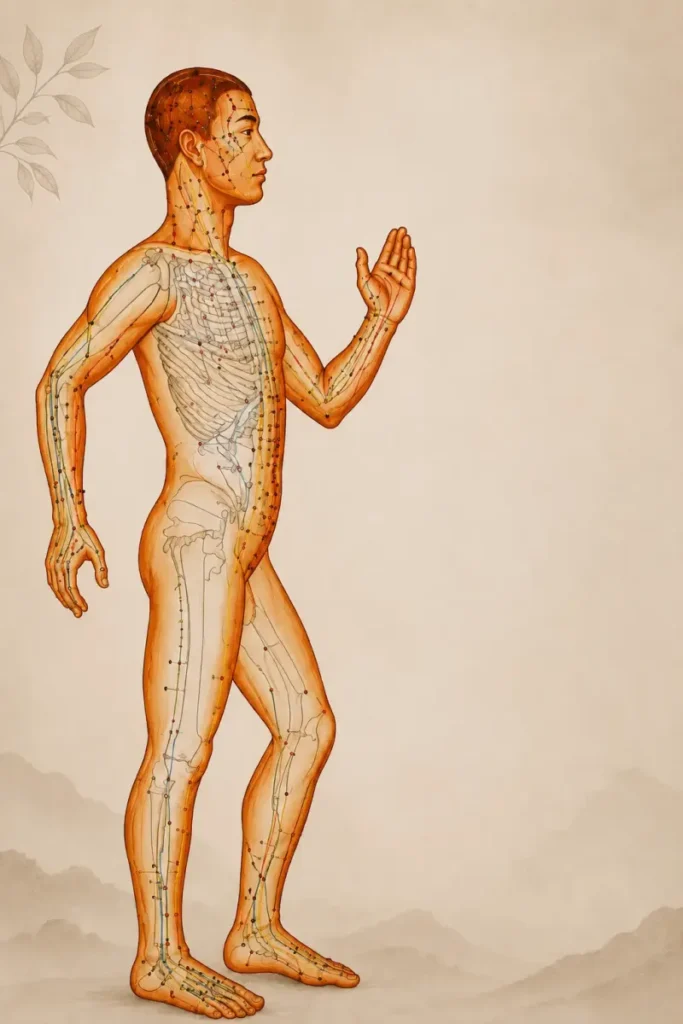 Illustration anatomique représentant les principaux méridiens énergétiques du corps humain utilisés en shiatsu, avec le trajet des méridiens et les principaux points de pression.