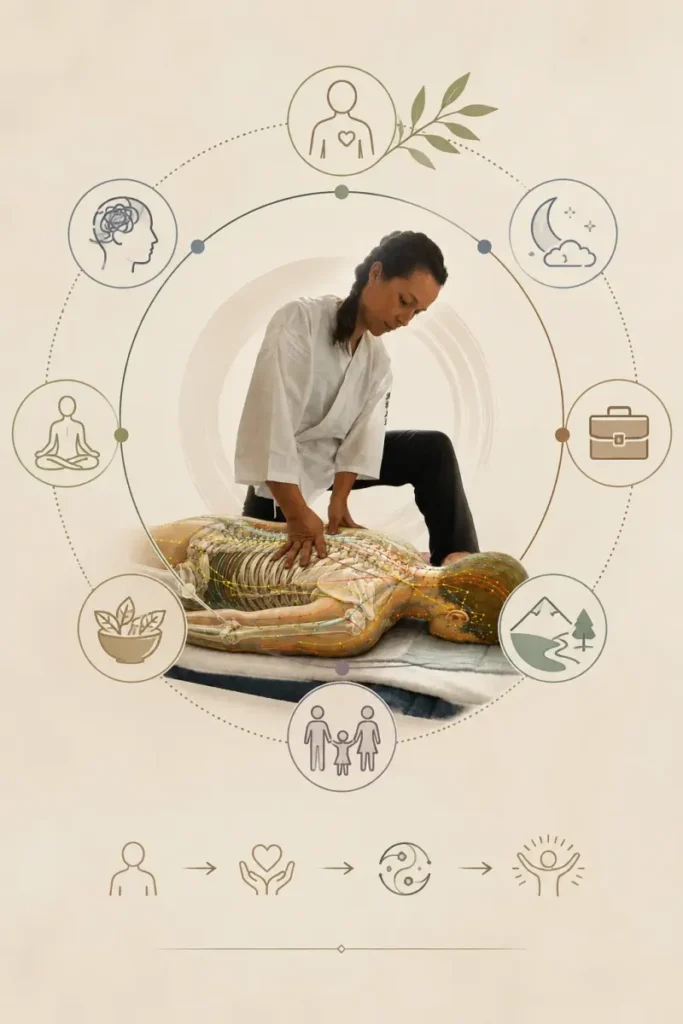Infographie illustrant l'approche globale du shiatsu prenant en compte la personne, son mode de vie, son équilibre physique, émotionnel et énergétique.