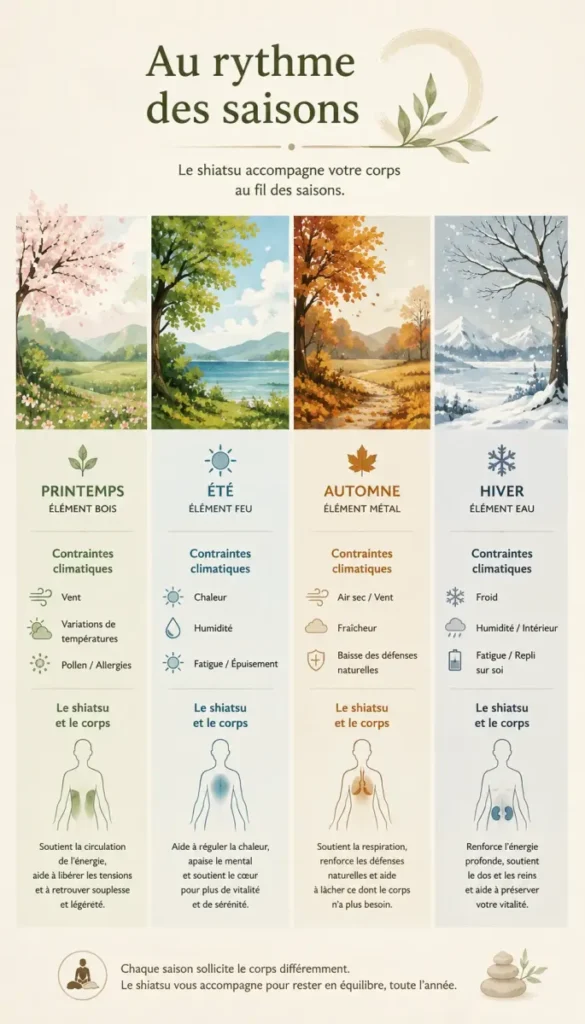Infographie illustrant les quatre saisons et la manière dont le shiatsu accompagne l'adaptation naturelle du corps au fil de l'année.