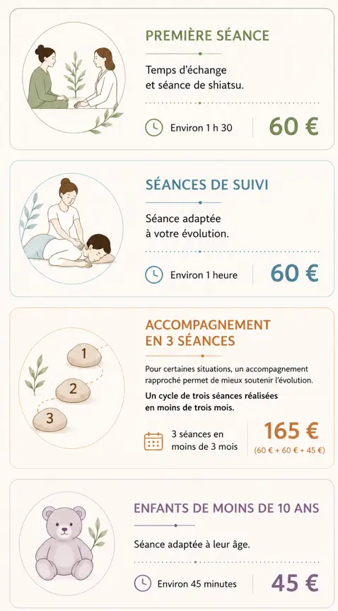 Infographie présentant les différents types de séances de shiatsu, leur durée approximative et leurs tarifs : première séance, suivi, accompagnement en trois séances et séance enfant.